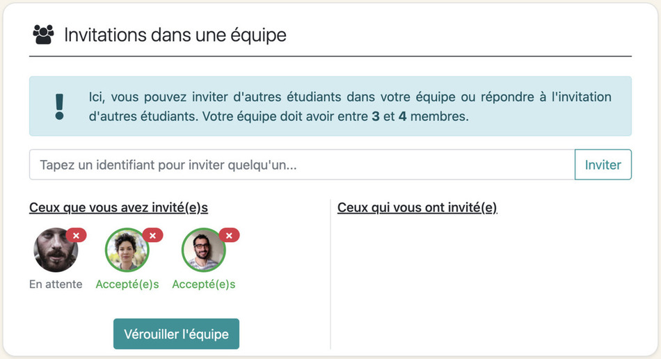 Vue du LMS qui permet aux étudiants de créer des équipes