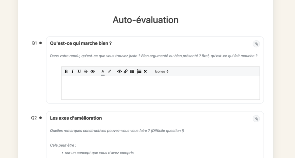 Vue du LMS où l'on voit une auto évaluation