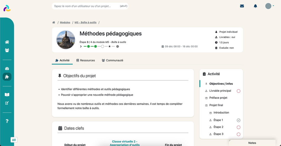 Vue du LMS d'un projet