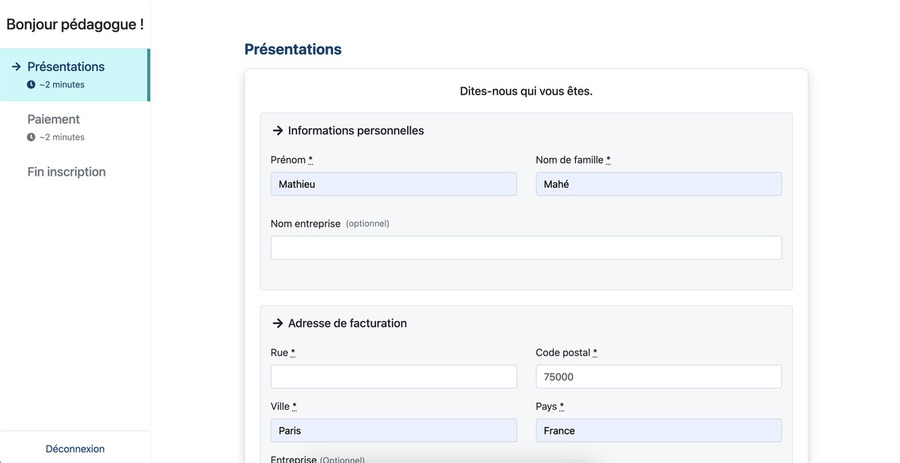 Vue de la partie admission sur Rbean LMS