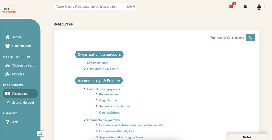 Vue des ressources e-learning sur Rbean LMS