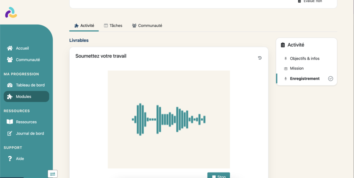 Vue de Rbean lms avec un livrable de type enregistrement