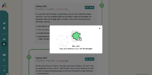 Étudiant recevant un achievement pour avoir réussi 20 exercices Python pendant le bootcamp